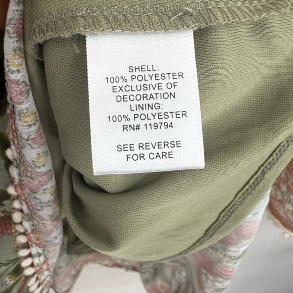 One World Green Floral Lined Sequin Tassel Sheer Blouse Sz L Boho Festival Beach - Picture 7 of 10